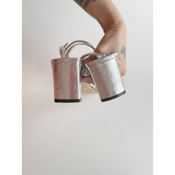 SERGIO ROSSI SR1 Silver Snake Leather Crystal Studded Block Sandals, Size 40.5 - Picture 10 of 14